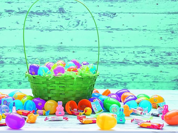 Fun Express Easter Baskets Bulk Set of 12 - Large 9 Inch Bamboo Easter Baskets with Handles for Kids Easter Egg Hunt | Empty Reusable Colorful Treats, Candy & Party Favors