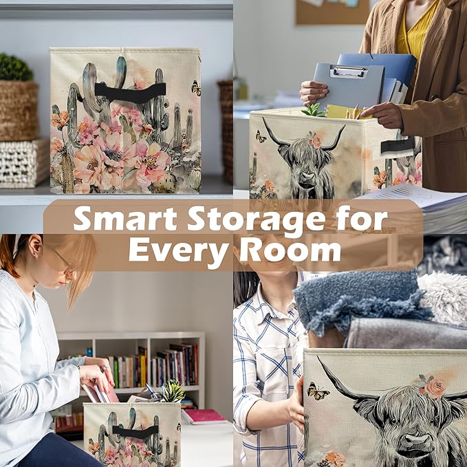 Western Highland Cow Storage Bins, Boho Western Floral Cactus Highland Cow Collapsible Storage Box Laundry Basket with Handle for Home Bedroom Bathroom Office Clothes Toys Books