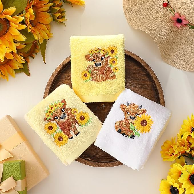 3 Pcs Sunflower Highland Cow Hand Towels Embroidered Highland Cow Farmhouse Yellow Decorative Bathroom Towels for Bathroom Kitchen Decor, 100% Cotton, 13.3 x 29.5''