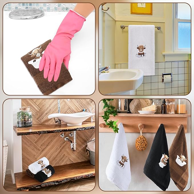 3 Pcs Highland Cow Hand Towels for Bathroom Embroidered Bathroom Towels Farmhouse Decorative 13.78 x 29.53 Inch Absorbent Soft Cotton for Dish Fast Drying Decor