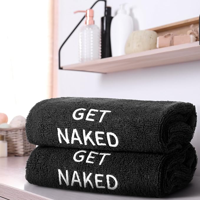 2 Pcs Get Naked Hand Towels 100% Cotton Embroidered Bathroom Towel Modern Decorative Housewarming Gifts, Funny Bathroom Decor 29 x 13 Inch (Black)