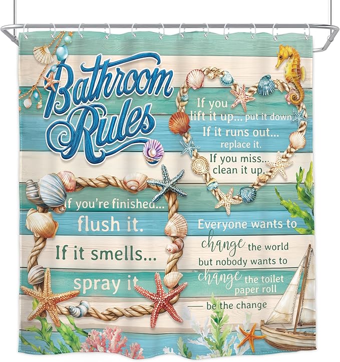 Homewelle Bathroom Rules Shower Curtain Teal Blue Kids Farmhouse Rustic Funny Starfish Beach Ocean Sea Inspirational Quotes Wooden Board Retro 72Wx72H Inch Waterproof Polyester Fabric Bathroom Bathtub