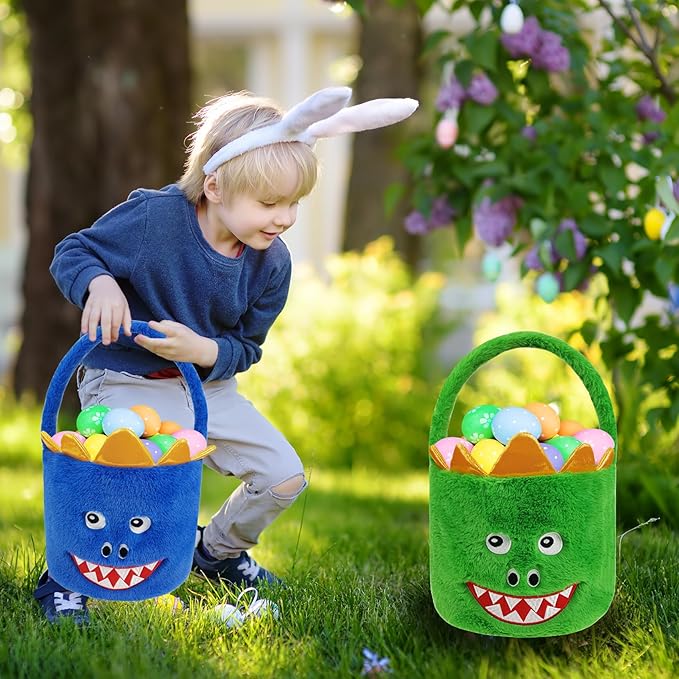 DearSun 2 Pcs Easter Basket Dinosaur Plush Baskets, Easter Egg Hunting Basket for Kids Gifts Party Decoration Supplies, Dia 8" * H 15.7"(Green & Blue Dinosaur)