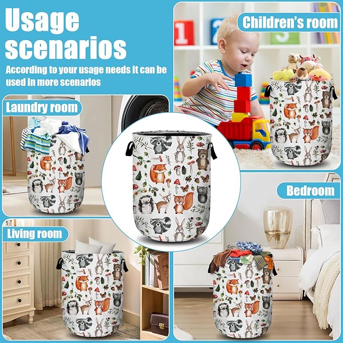 Cute Woodland Animal Laundry Basket, Laundry Hamper Collapsible Oxford Cloth with Handle Clothes Toy Storage Bin for Bathroom Laundry Room Bedroom 15.7 X 20 Inch