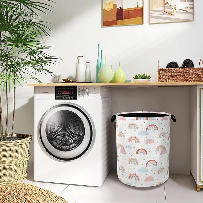 Rainbow Laundry Hamper,Stars Dirty Clothes Laundry Basket with Handles Waterproof Oxford Cloth Storage Basket for College Dorms Bathroom Bedroom 16" x 20.8"