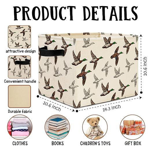 Vintage Mallard Duck Storage Bins Box with Handles, Duck Nursery Decor, Wild Flying Ducks Laundry Basket Hamper Collapsible Clothes Toys Organizer for Kids Boys Bedroom Bathroom