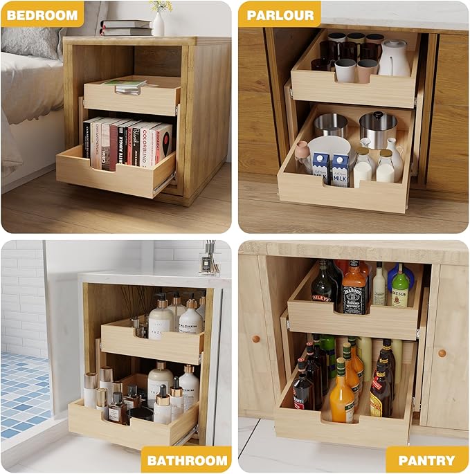 Pull Out Cabinet Organizer, 20''W×21''D×16''H Soft Close Slide Out Wooden Pull out Drawers, Double Tier Slide out Wood Cabinet Organizer, for Base Cabinet Organization in Kitchen, Pantry, Bathroom