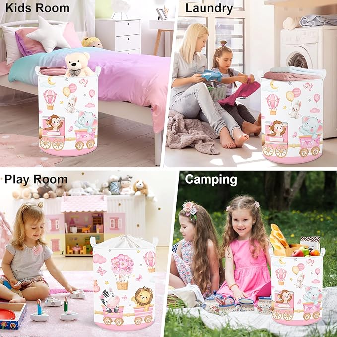 Clastyle Collapsible Large Pink Train Animals Kid Laundry Hamper for Girl Flower Elephant Lion Clothes Toy Storage Basket with Lid for Nursery