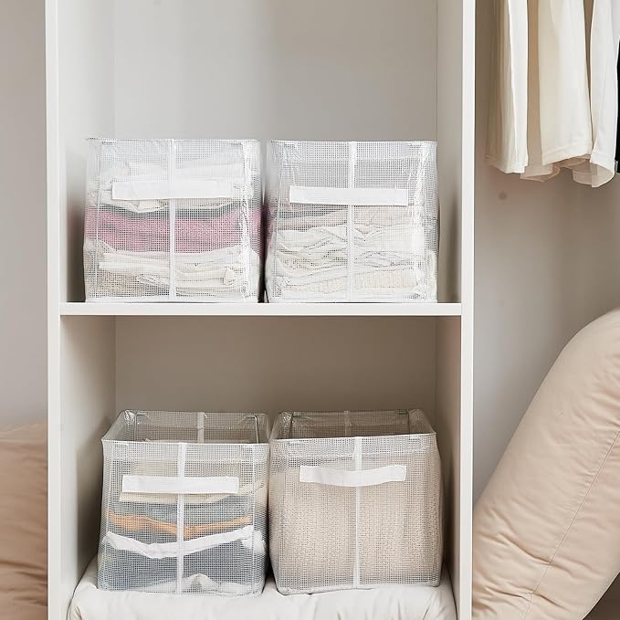 Clear Large Storage Baskets for Shelves, Collapsible Storage Bins with Handles for Clothes, Sheets, Books | Shelf Baskets for Home and Closet Organizer (Clear, 4 Pack)