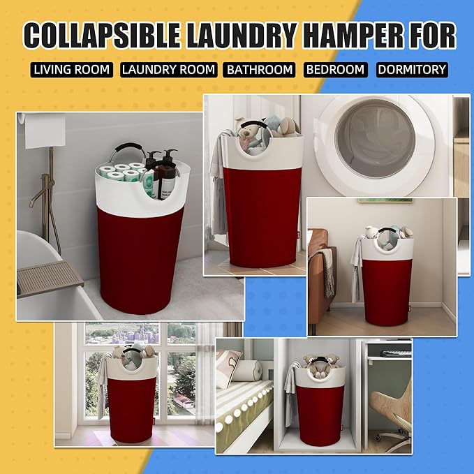 100L Laundry Basket, Collapsible Laundry Hamper with Padded Handles, Waterproof Laundry Bag, Tall Clothes Hamper Stand Up Well, Foldable Laundry Baskets for Easy Storage(Red)