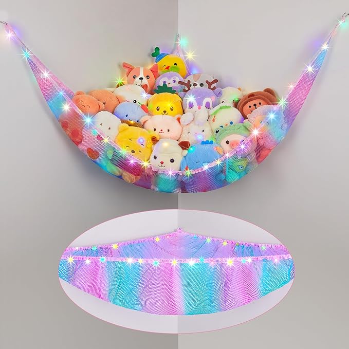 Basumee Stuffed Animals Net or Hammock with LED Light Hanging Toy Net Hammock for Stuffed Animals Storage Stuff Animals Hammocks for Nursery Room with Remote Control, 8 Kinds of Lights(Pack of 1)