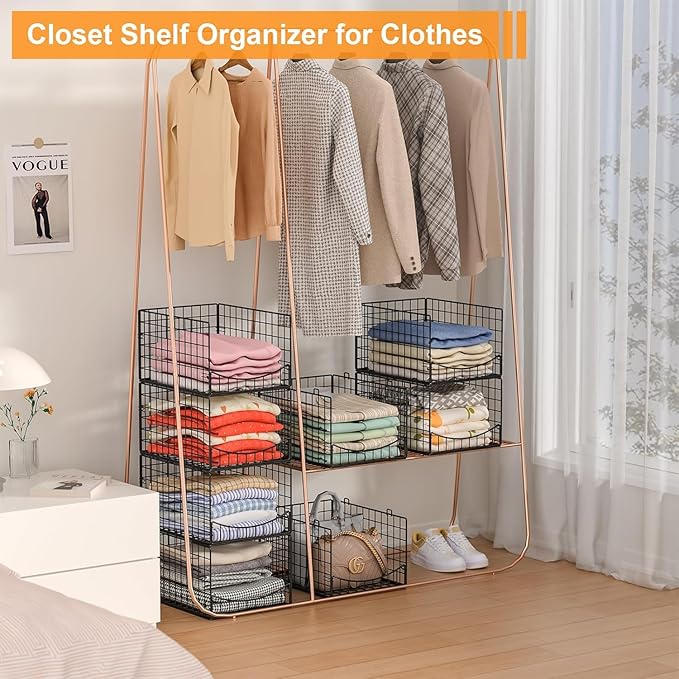 JKsmart 4-Tier Stackable Closet Organizer,Extra Large Clothing Cupboard Organizer System Clothes Storage Shelf- Closet Wardrobe Storage Bins for Jeans, Pants, Sweaters,Purse,t-Shirt Organization