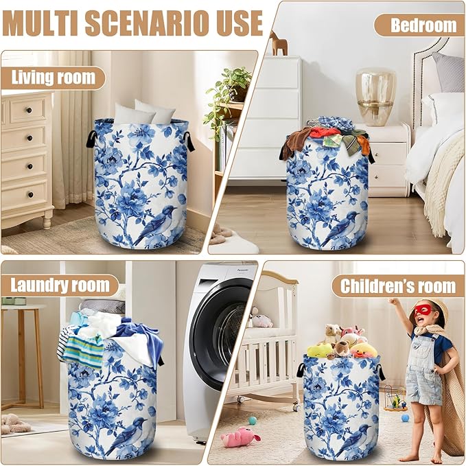 Blue Flower Bird Laundry Basket, Foldable Waterproof Laundry Hamper Tote Bag Dirty Clothes Storage Bucket Toy Organizer for Bathroom/Laundry/Bedroom 15.7"x19.6"