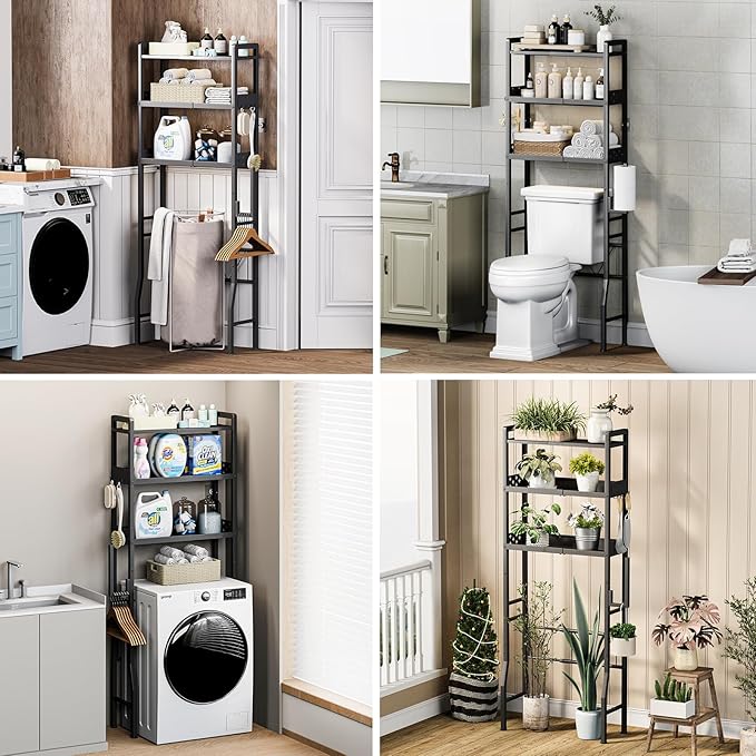 Over The Toilet Storage Shelf - 3-Tier Adjustable Black Metal Bathroom Organizer (21.6”-26.8") No Drilling Required, Space-Saving with Paper Holder & 4 Hooks for Small Spaces