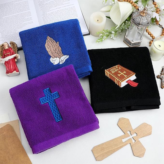 3 Pcs Easter Pastor Hand Towels, Christian Embroidered Religious Cross Cotton Towels 13.78 x 29.53 Inch, Soft Absorbent Bathroom Clergy Dove Gift for Easter Father's Day