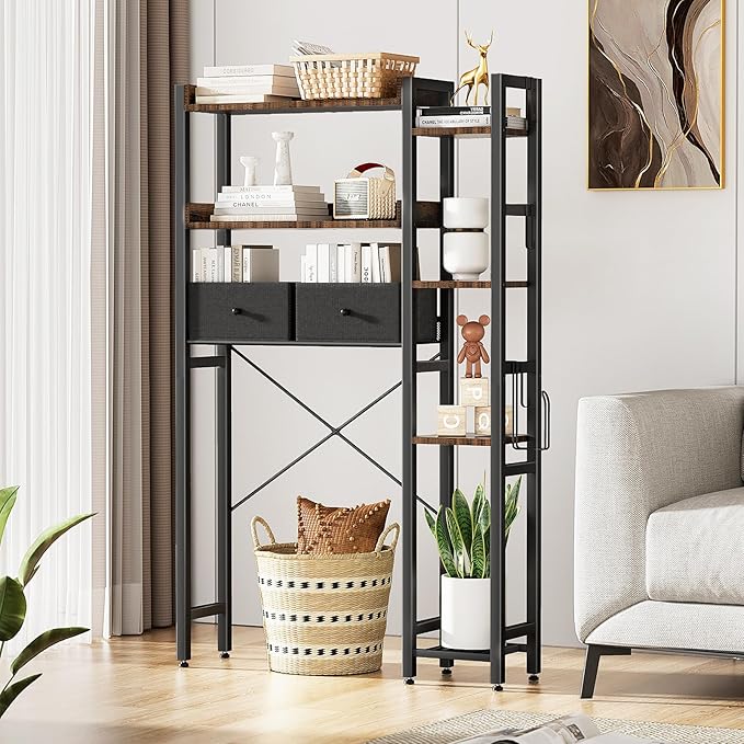 Housolution Over The Toilet Storage with 2 Drawers, 7 Tier Over Toilet Bathroom Organizer with Height Adjustable Shelves and Hooks, Space Saver Above Toilet, Black+Brown