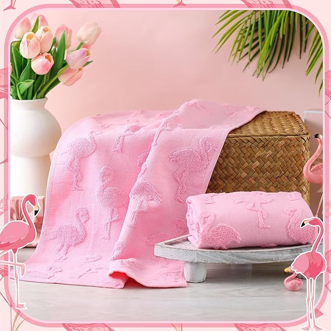 2pcs Flamingo Hand Towels for Bathroom 100% Cotton Jacquard Weave Bath Towel Set Absorbent Dish Washcloth for Bathroom Kitchen Tropical Summer Theme Gifts 13.8 x 29.5 Inch (Rose Pink)
