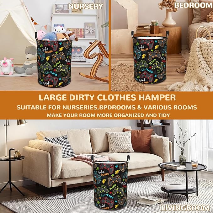 Game Controller Collapsible Laundry Basket,Player Gamepad Bedroom Waterproof Laundry Hamper,Bathroom Large Storage Bag,College Dormitory Living Room Nursery Organizer Toy Bin 16" x 20"