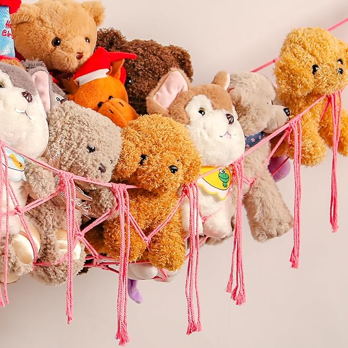 Stuffed Animals Hammock Corner Hanging Net with Tassel Macrame Stuffed Animal Storage Plush Toy Holder Toy Organizer for Boho Nursery Playroom Bedroom Kids Room (pink, large)
