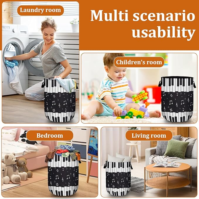 Piano Keyboard Laundry Basket with Sturdy Handles, Music Note Collapsible Oxford Cloth Laundry Hamper Organizer Basket for Bathroom Bedroom 15.7x20 Inch