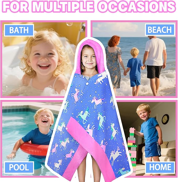 Hooded Beach Towel for Kids - Soft Thick Cotton Starry Sky Unicorn Toddler Hood Bath Towels/Pool Terry Towel Poncho Wrap Absorbent Cute Bath & Swim Wrap for Boys & Girls 3-10 Years - Blue