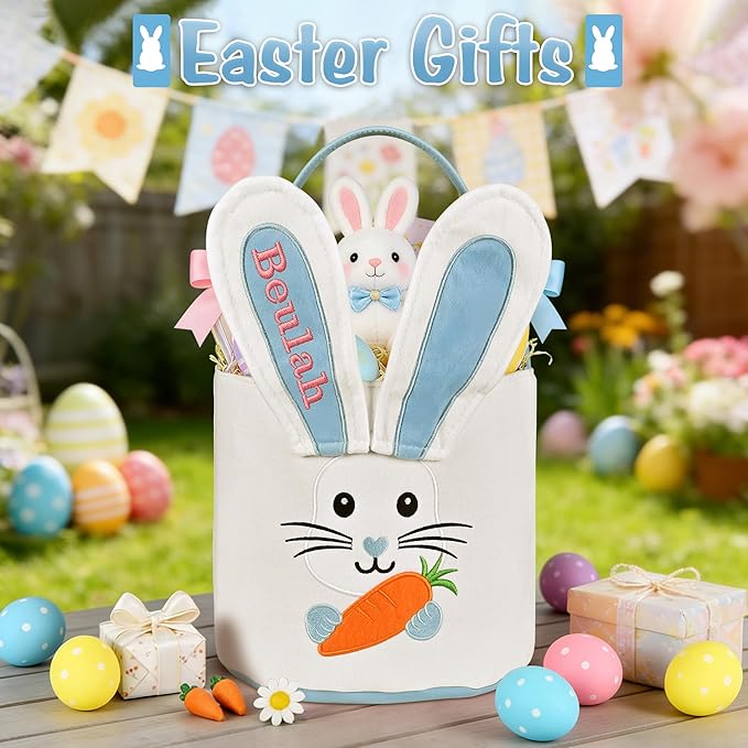 Easter Baskets for Kids - Touber Bunny Easter Basket | Gifts for Boys & Girls and Hunting Party Favor Supplies - Blue Ears