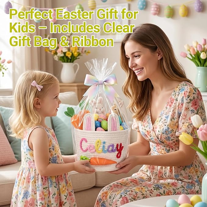 Personalized Easter Baskets for Girls, Boys Cute Bunny Custom Easter Basket with Embroidered Name for Egg Hunts Woven Cotton Rope Tote in 2 Sizes Easter Gifts for Kids