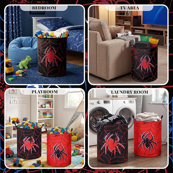 2 Pcs Spider Laundry Hamper Basket Large 17.32 x 13.78 Inch Round Collapsible Spider Toy Storage Organizer Basket Bin with Waterproof Layer for Closet Bedroom Playroom Nursery Toy Dirty Cloth