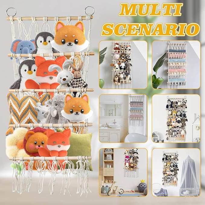 Stuffed Animal Net, Toy Net Hammock for Stuffed Animals with 4 Layers, Plush Hammock Stuffed Animal Hammock Corner, Boho Macrame Wall Hanging Stuffed Animal Storage (Beige)