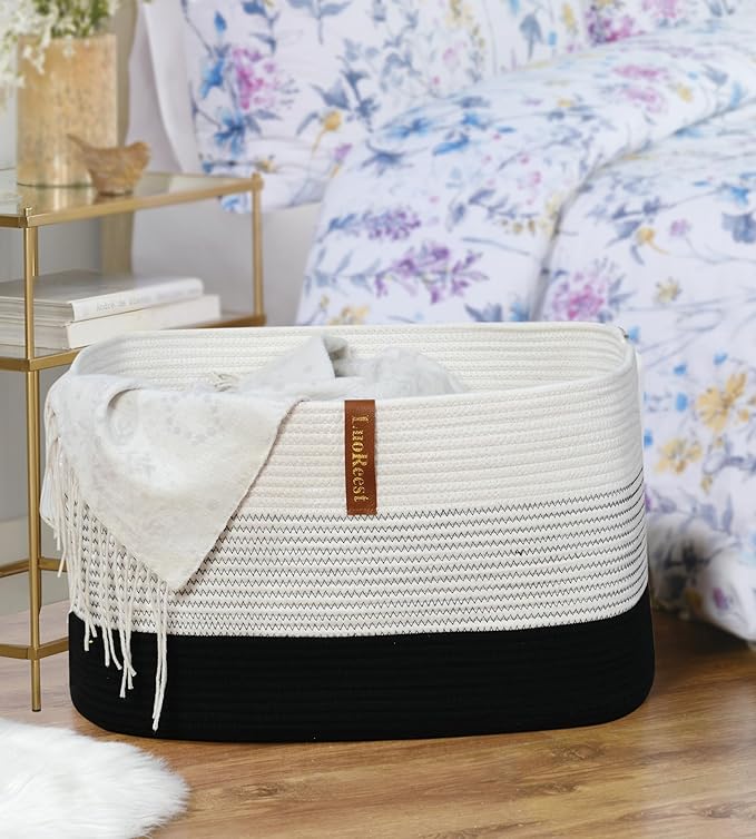 Large Blanket Basket - 22"x17"x12" Rectangular Woven Storage Basket with Handles for Nursery, Living Room, and Toys - 100% Cotton Rope, Safe for Kids and Pets(Black)
