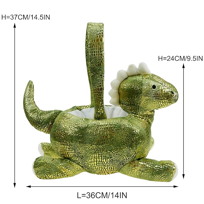 DearSun Plush Dinosaur Basket, Green Glitter, Embroidered Name, Rectangular or Round, Velvet, Perfect for Easter Hunting and Trick or Treat