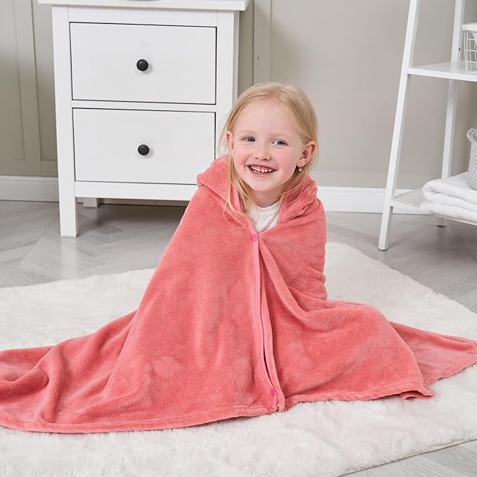 Hiturbo Kids Hooded Bath Towel: Soft Fleece Towel Blanket Cartoon Animal - Pool Beach Towels Wrap 50"x30" for Boys Girls 3-12 Yrs (Pink Rabbit)