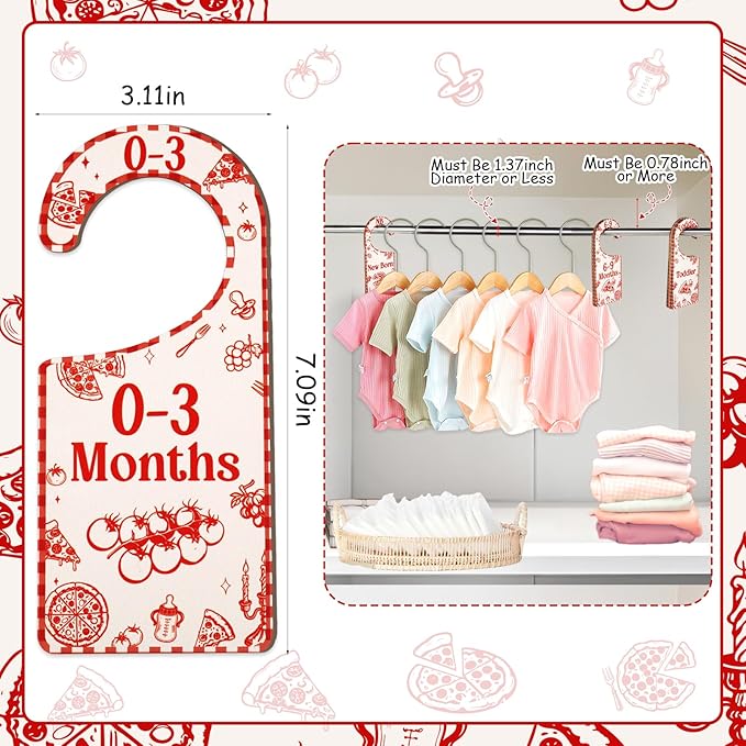 Baby Closet Dividers 8PCS, Red Italian Themed Wooden Double-Sided Clothes Size Hanger/Organizer from Newborn to Toddler for Nursery Decor Baby Shower Birthday Gender Reveal Party Gift