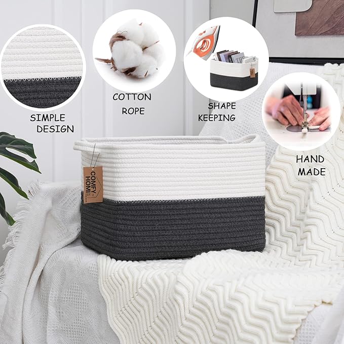 COMFY-HOMI 3PACK Cotton Rope Square Basket with Handles for Shelves| Storage|Baby Basket for Gif|Shoe basket for Organizing|New13.5" x 11" x 9.5" for Living Room(White/Dark Grey)