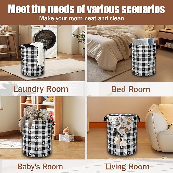 Black White Plaid Laundry Basket,Waterproof Foldable Cat Paws Laundry Hamper,Dirty Clothes Basket, Linen Bin Storage Organizer Collection 16" x 20.8"