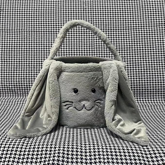 Plush Easter Bunny Basket Bags for Kids, Rabbit Bucket Tote with Long Fluffy Ears, Cute Egg Hunts Party Storage Candy Gifts Carry Bucket Decorations (Gray)