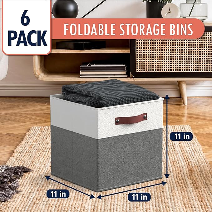Ornavo Home 11 x 11 Storage Cube Bins, Foldable Collapsible Fabric Storage Bins Box Linen Shelf Basket Cube Organizer for Closet with Leather Handles, 6 Pack, White/Gray