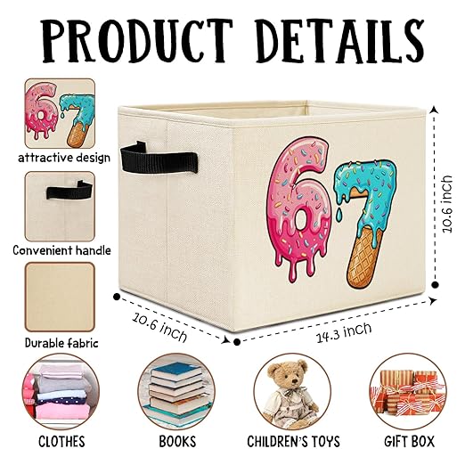 Pink and Blue Funny 6 7 Meme Storage Bins Box with Handles, Donut Ice Cream Number Six Seven Laundry Basket Hamper Collapsible Clothes Toys Organizer for Kids Boys Girls Room Nursery