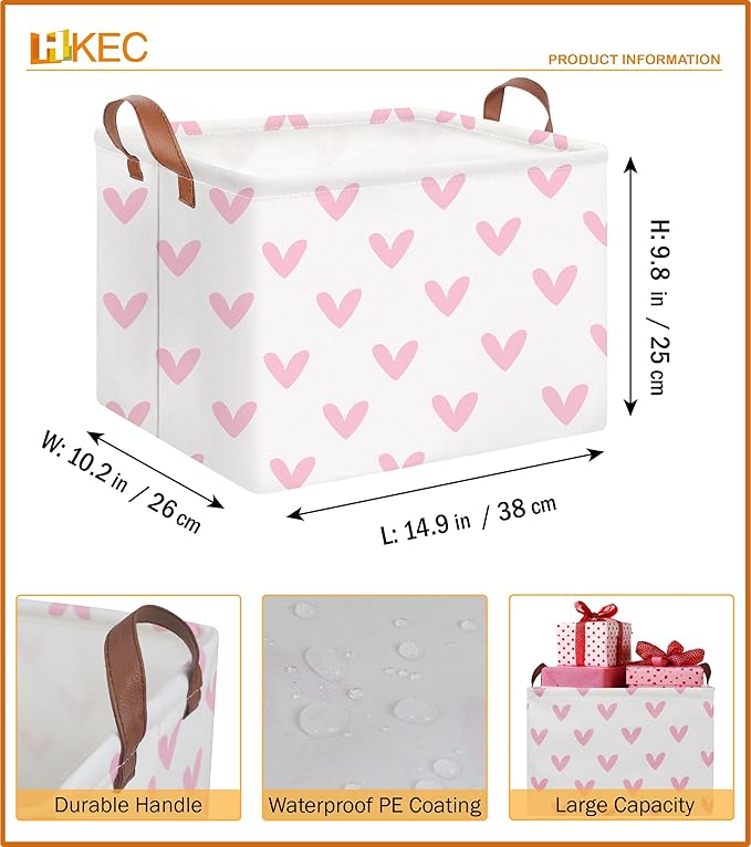 Rectangle Pink Valentine Gift Basket Empty with Handles for Kids,Cute Organizer Toy Bin,Gift Basket for Girls/Kids(Pink Lovely Heart)