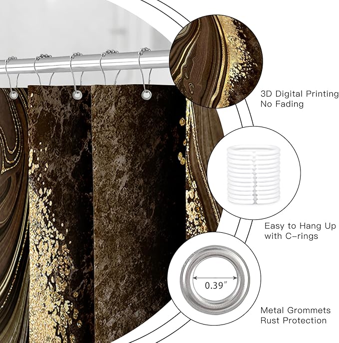 4PCS Brown Marble Bathroom Sets with Shower Curtain and Rugs, Modern Gold Shower Curtain Sets with Rugs for Bathroom Decor, Bathroom Curtains Shower Set with Toilet Lid Cover Accessories