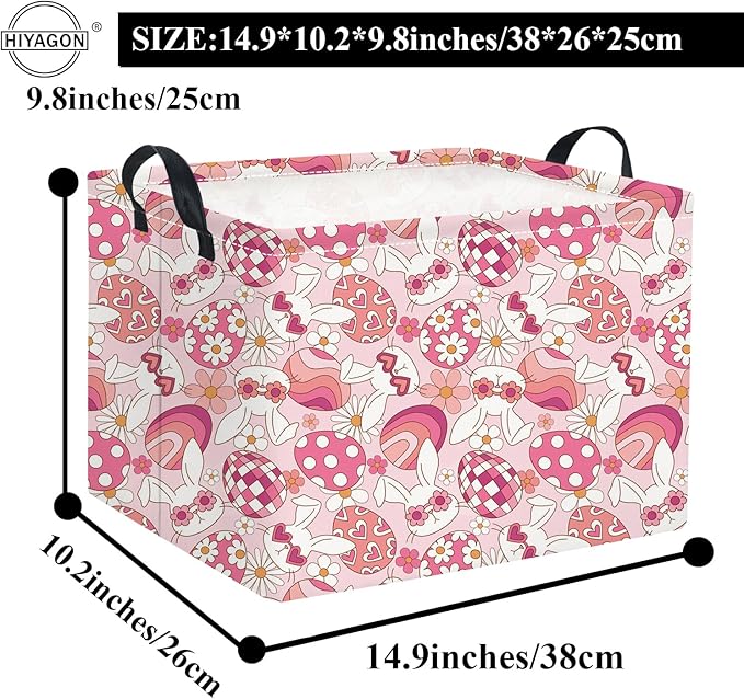 HIYAGON Rectangular Easter Basket Pink Bunny Easter Basket for Kids Gift Basket Empty Baby Girl Storage Baskets Toy Basket Cute Storage Bin Organizer Box Bunny Room Decor for Books(Pink Bunny)