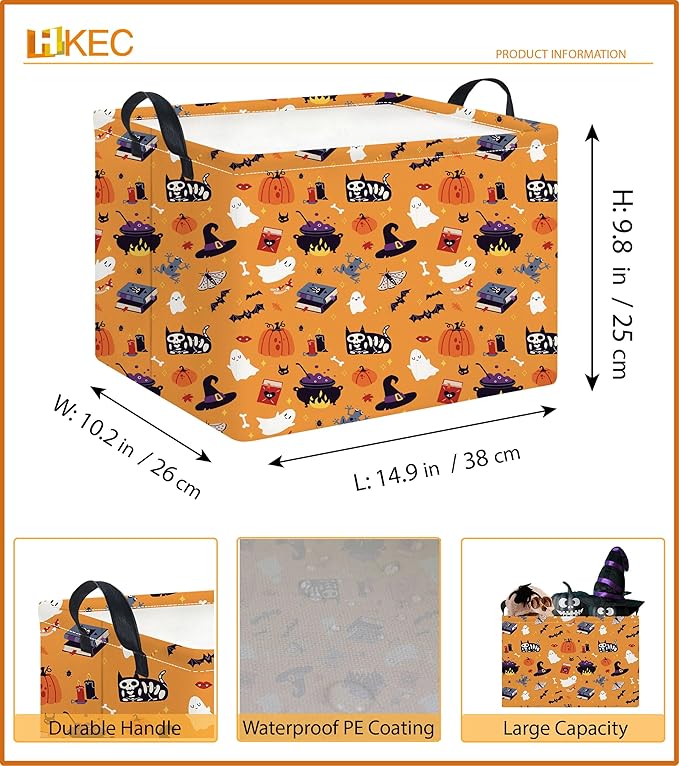 Rectangle Storage Basket with Handles,Collapsible Storage Bin,Books Box,Gift Basket(Yellow Halloween)