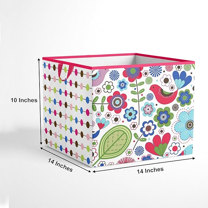 Bacati - Large Storage Tote Botanical Pink/Aqua/Fuchsia/Green Girls 14 x 14 x 10 inches