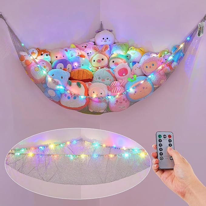 Basumee Stuffed Animals Net or Hammock with LED Light Hanging Toy Net Hammock for Stuffed Animals Storage Stuff Animals Hammocks for Nursery Room with Remote Control, 8 Kinds of Lights(Pack of 1)