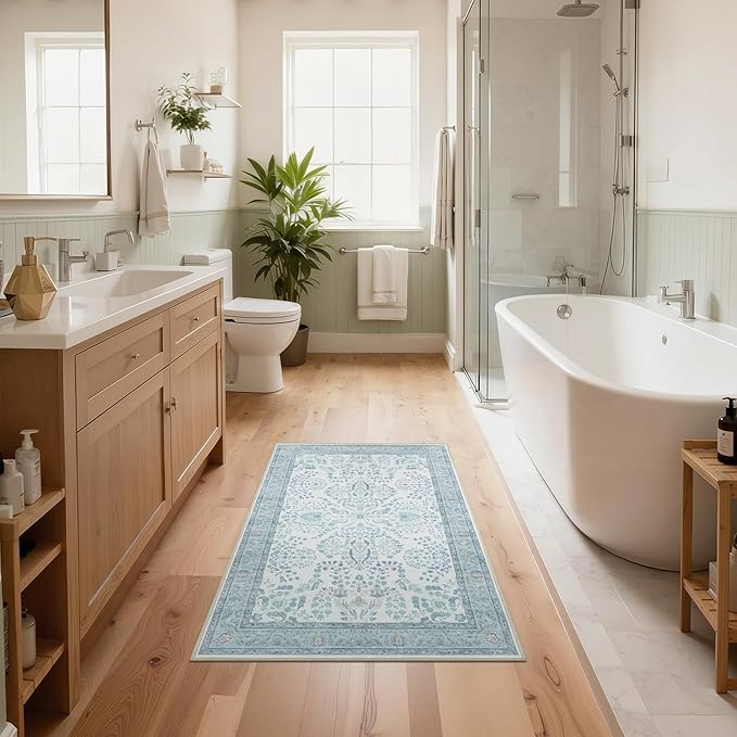 GRANNY SAYS Boho Bathroom Rugs 26"x 18" Non-Slip, Quick Dry & Washable, Vintage Bath Rug, Distressed Farmhouse Plush Velvet Bath Mat, Absorbent for Shower Toilet Sink, Pet Friendly - Vintage Blue
