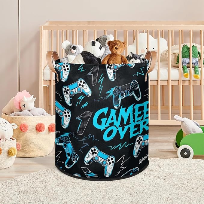 Game Console Laundry Baskets,Round Hamper Basket,Collapsible Large Storage Basket Bins for Dirty Clothes Kids Toys Baby Blanket Organizer Nursery Bedroom Bathroom Storage Decor