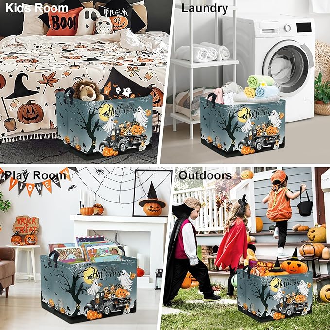 Clastyle Halloween Pumpkin Storage Basket Kid Spooky Book Gift Basket Empty Outdoor Graveyard Jack-o-lantern Boo Bin Baby Nursery Clothes Hamper Toy Box,Ghost Truck,40*30*30 cm
