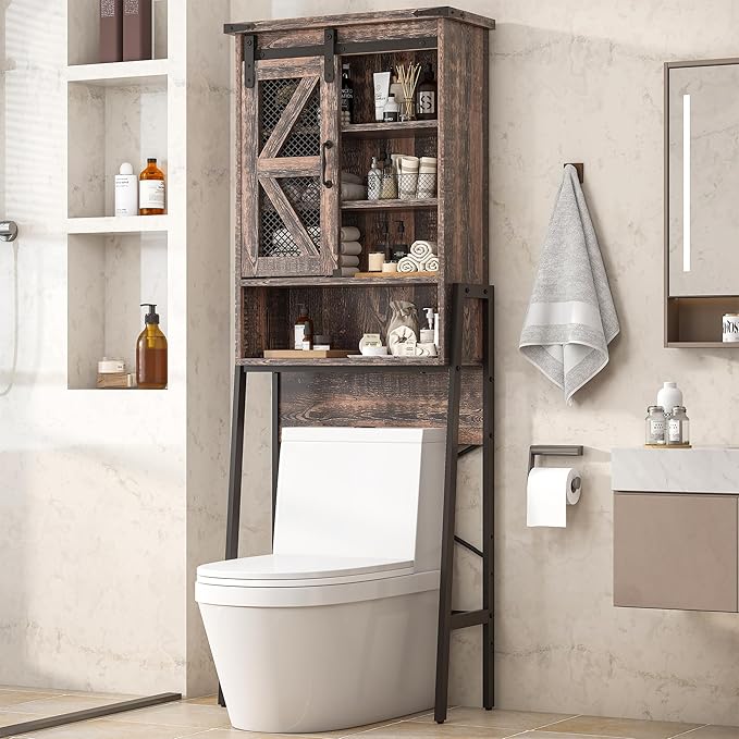 Over The Toilet Storage Cabinet with Sliding Barn Door, Over Toilet Bathroom Organizer with Adjustable Shelves and Metal Frame, Farmhouse Space Saver The Toilet Rack (Brown)