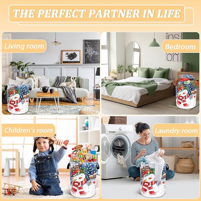 Christmas Laundry Basket, Winter Snowman Laundry Hamper Foldable Waterproof Oxford Cloth Funny Tote Bag Dirty Clothes Storage Bucket Toy Organizer for Bathroom/Laundry/Bedroom 15.7"x19.6"