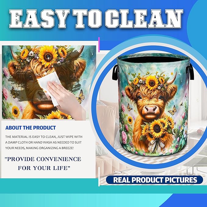 Highland Cow Laundry Basket Brown Longhorn Cattle Oxford Cloth Laundry Hamper With Handle Foldable Portable Clothes Storage Basket 18.9 X 16.5 Inch Storage Bag For Laundry Room/Bathroom/Bedroom